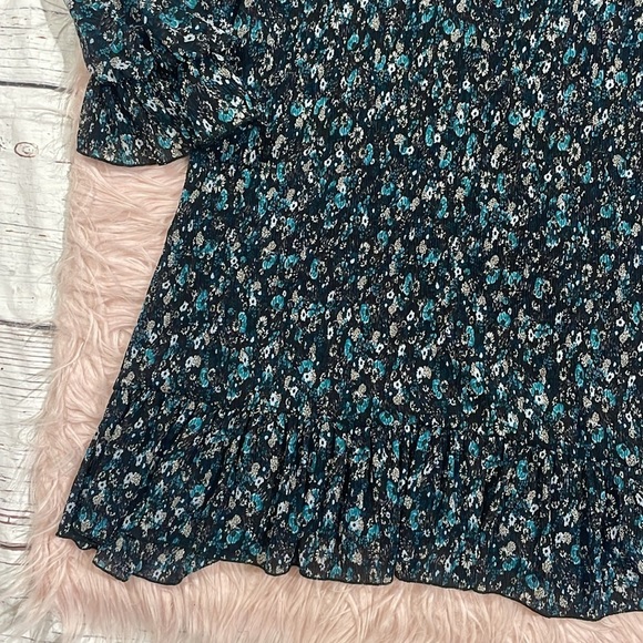 Zara Floral Blue Black Floral Tie Neck Pleated Plisse Mini Dress - Picture 6 of 11